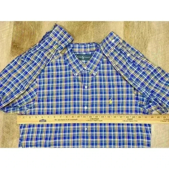 Ralph Lauren Men’s Medium Plaid Check Pony Logo Shirt Yellow Blue L/S - Picture 7 of 8